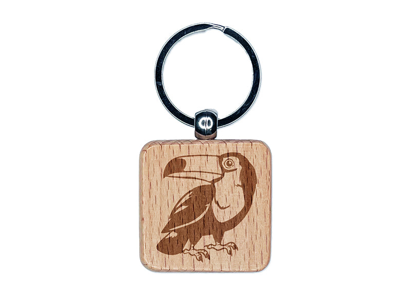 Curious Toco Toucan Bird Engraved Wood Square Keychain Tag Charm