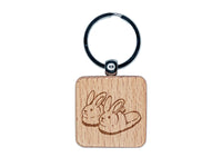 Cute and Fluffy Bunny Slippers Engraved Wood Square Keychain Tag Charm