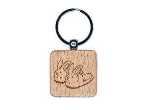 Cute and Fluffy Bunny Slippers Engraved Wood Square Keychain Tag Charm