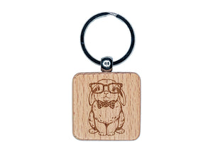 Cute Bunny Rabbit with Glasses and Bow Tie Engraved Wood Square Keychain Tag Charm