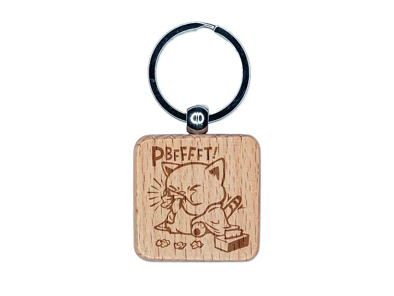 Cute Sick Cat Blowing Nose Engraved Wood Square Keychain Tag Charm