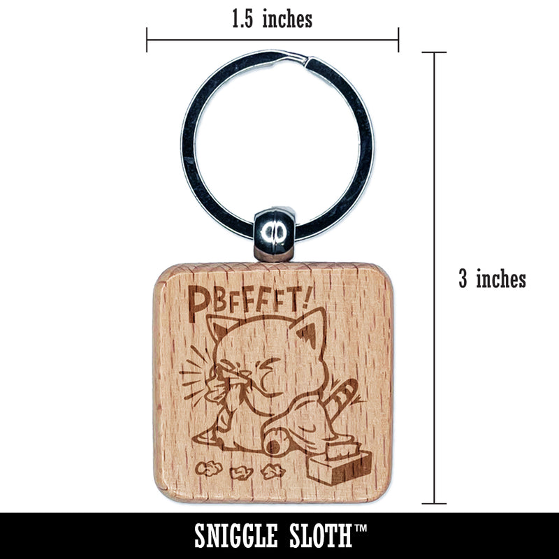 Cute Sick Cat Blowing Nose Engraved Wood Square Keychain Tag Charm