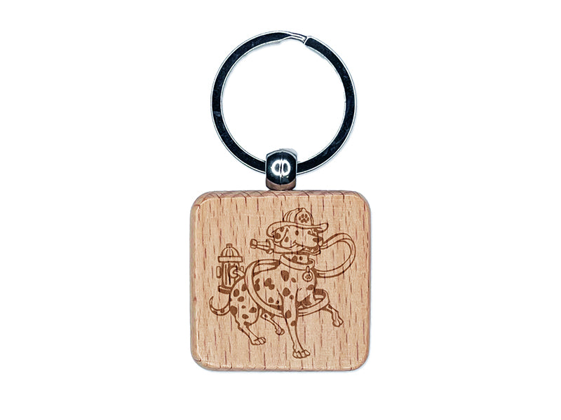 Dalmatian Fire Fighter Dog Engraved Wood Square Keychain Tag Charm