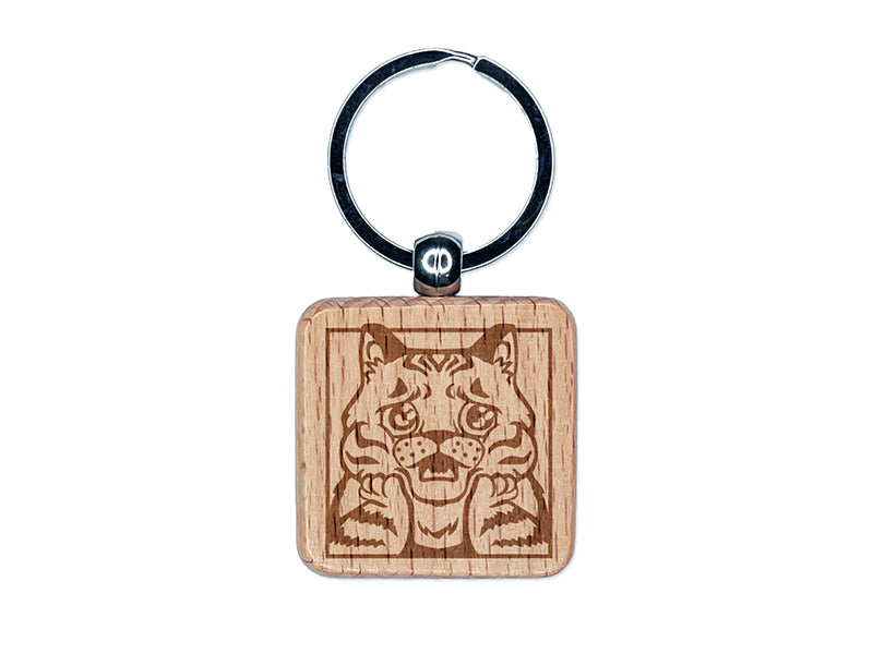 Distressed Striped Cat Looks Worried Engraved Wood Square Keychain Tag Charm