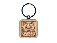 Distressed Striped Cat Looks Worried Engraved Wood Square Keychain Tag Charm