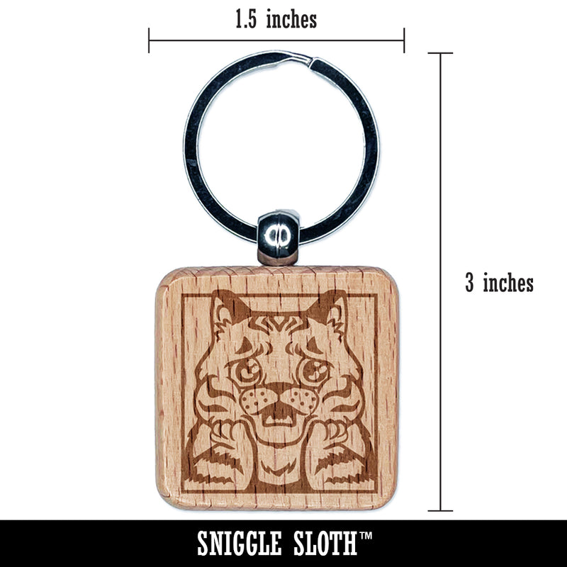 Distressed Striped Cat Looks Worried Engraved Wood Square Keychain Tag Charm
