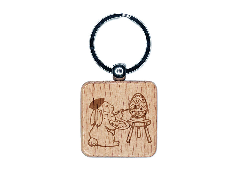 Easter Bunny Artist Painting Eggs Engraved Wood Square Keychain Tag Charm