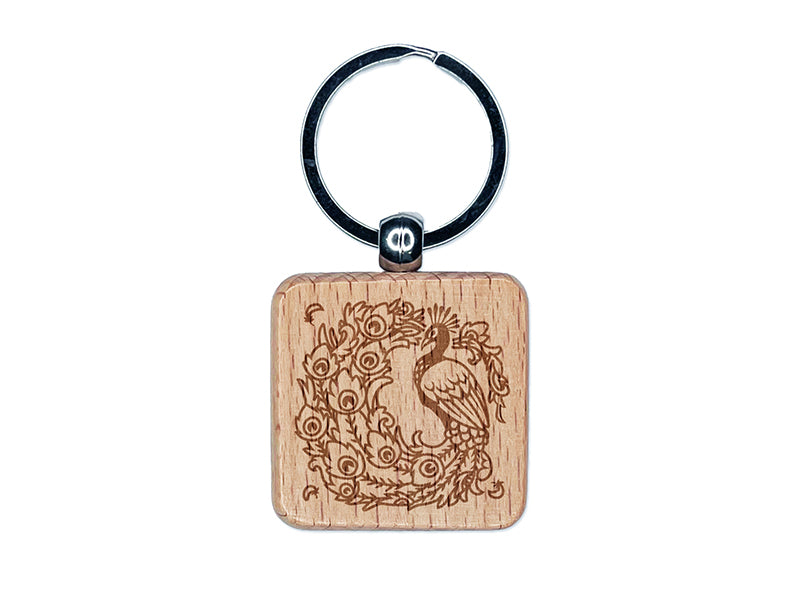 Elegant Peacock with Flowing Tail Feathers Engraved Wood Square Keychain Tag Charm