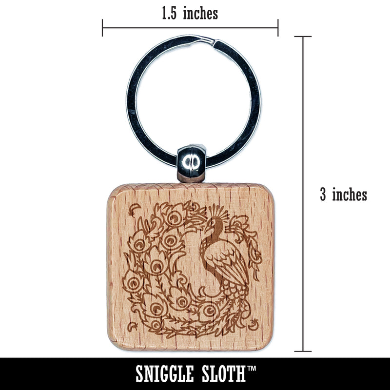 Elegant Peacock with Flowing Tail Feathers Engraved Wood Square Keychain Tag Charm