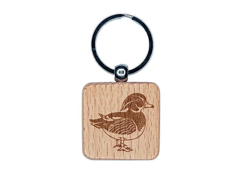 Elegant Wood Duck Engraved Wood Square Keychain Tag Charm