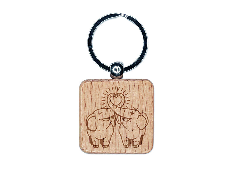 Elephant Couple Heart Trunks Love Anniversary Valentine's Day Engraved Wood Square Keychain Tag Charm