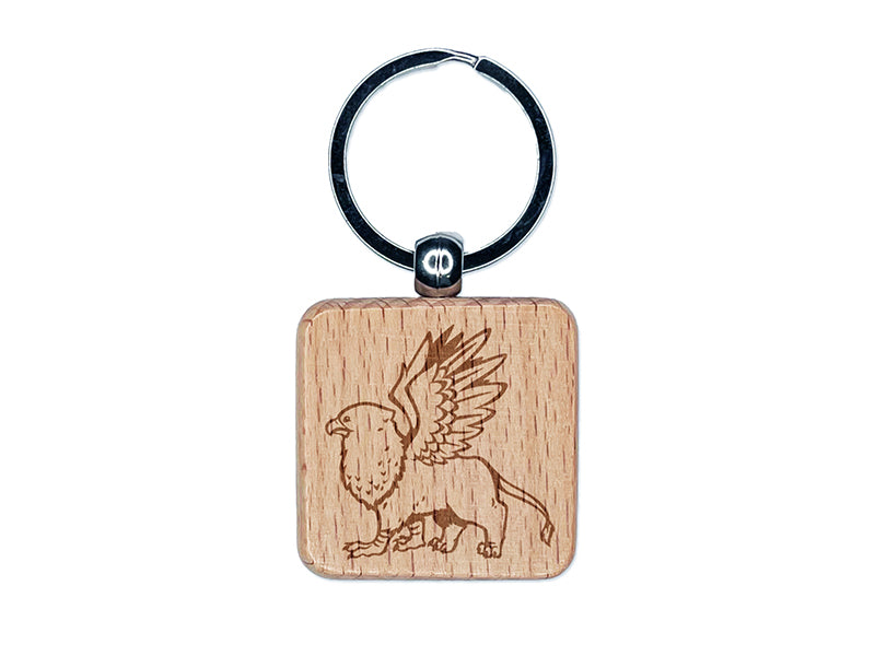 Enchanting Mythical Creature Griffin Engraved Wood Square Keychain Tag Charm