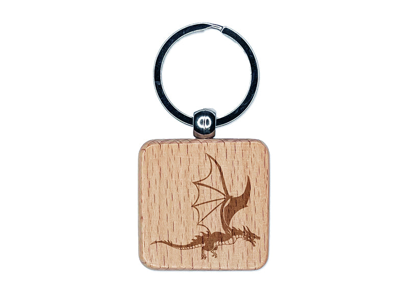 Fierce Flying Dragon Engraved Wood Square Keychain Tag Charm