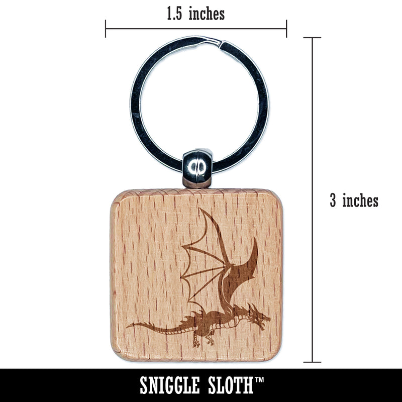 Fierce Flying Dragon Engraved Wood Square Keychain Tag Charm