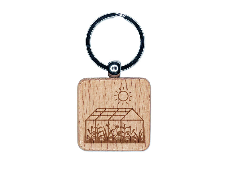 Glass Greenhouse with Sun and Plants Engraved Wood Square Keychain Tag Charm