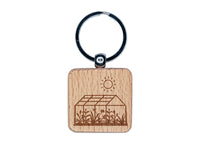 Glass Greenhouse with Sun and Plants Engraved Wood Square Keychain Tag Charm