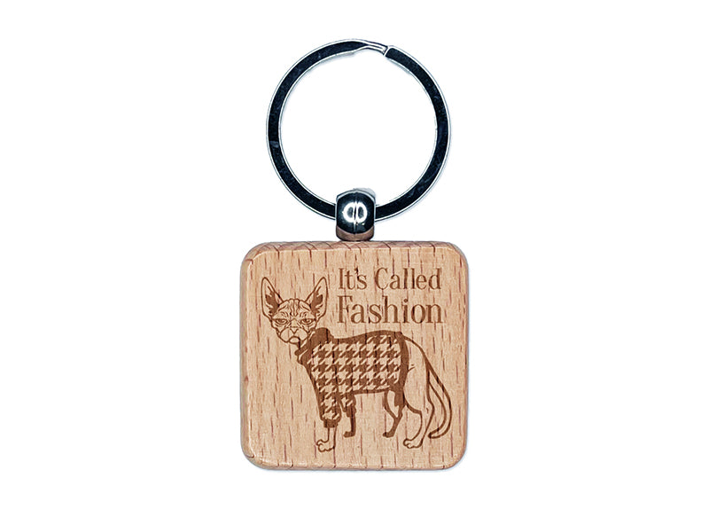 Hairless Sphynx Cat with Fashion Houndstooth Sweater Engraved Wood Square Keychain Tag Charm