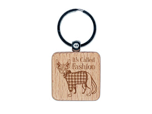 Hairless Sphynx Cat with Fashion Houndstooth Sweater Engraved Wood Square Keychain Tag Charm