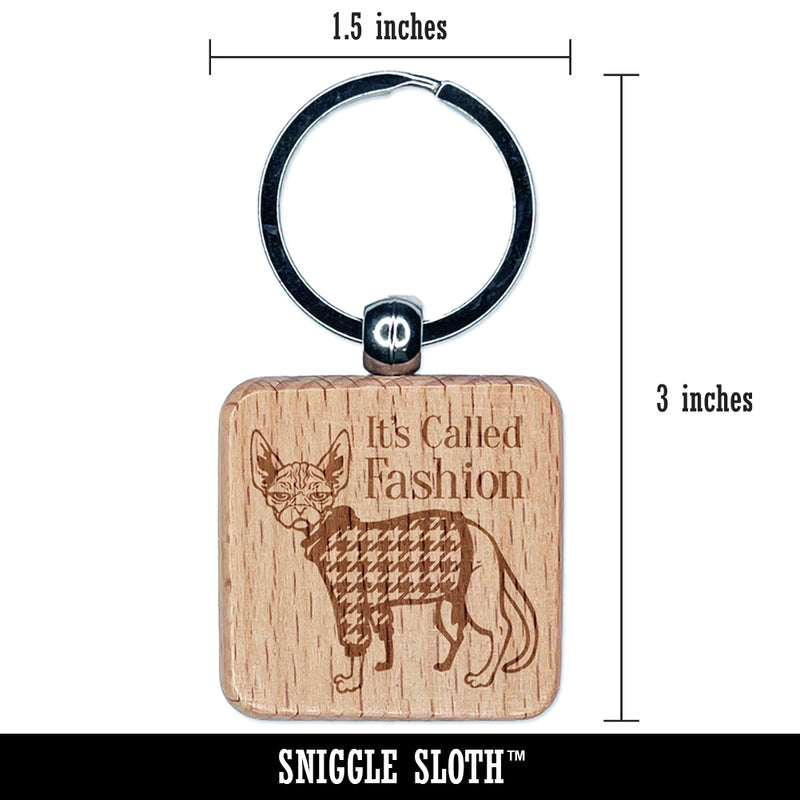 Hairless Sphynx Cat with Fashion Houndstooth Sweater Engraved Wood Square Keychain Tag Charm