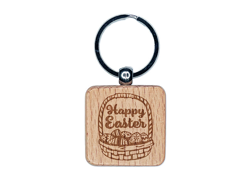 Happy Easter Basket with Painted Eggs Engraved Wood Square Keychain Tag Charm