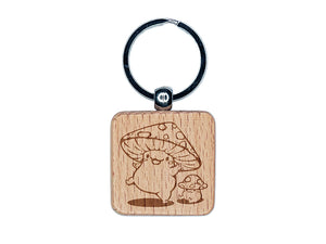 Happy Kawaii Mushroom Friends Engraved Wood Square Keychain Tag Charm