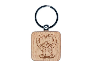 Happy Sloth Making Heart Arms Engraved Wood Square Keychain Tag Charm