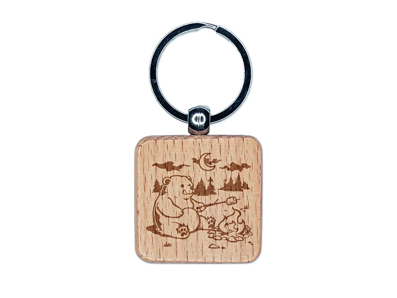 Hungry Bear Making S'mores over a Campfire Engraved Wood Square Keychain Tag Charm