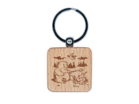 Hungry Bear Making S'mores over a Campfire Engraved Wood Square Keychain Tag Charm