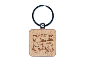 Hungry Bear Making S'mores over a Campfire Engraved Wood Square Keychain Tag Charm