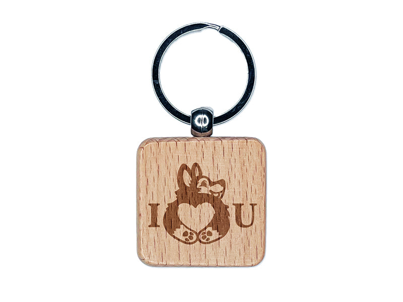 I Love You Heart Shaped Corgi Butt Anniversary Valentine's Day Engraved Wood Square Keychain Tag Charm