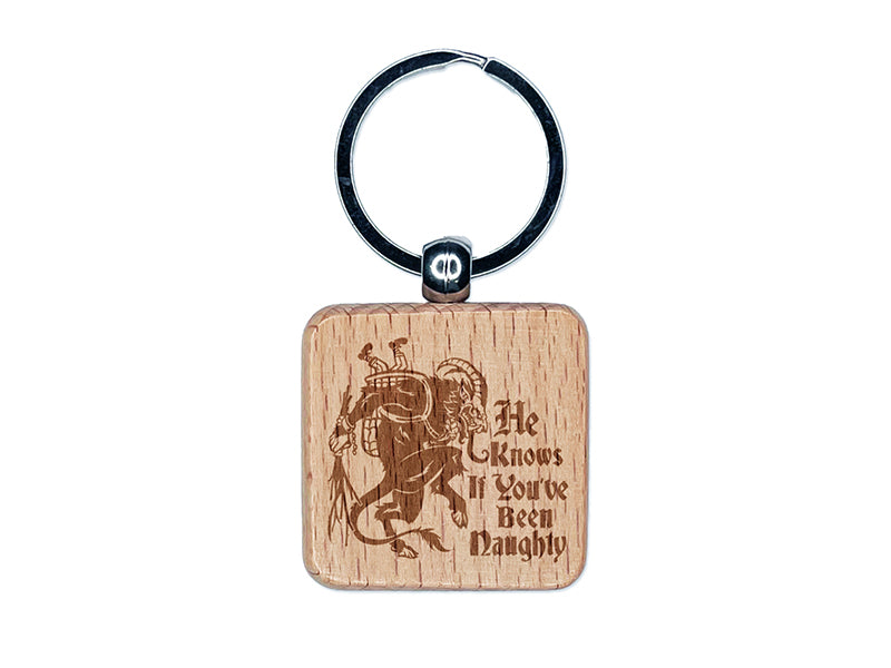 Krampus Knows If You've Been Naughty Christmas Engraved Wood Square Keychain Tag Charm