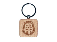 Lovable Hedgehog Curled in a Ball Engraved Wood Square Keychain Tag Charm