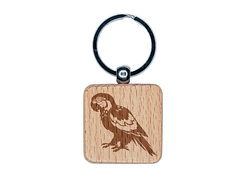 Magnificent Macaw Parrot Bird Engraved Wood Square Keychain Tag Charm