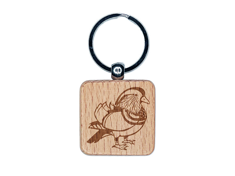 Majestic Mandarin Duck Engraved Wood Square Keychain Tag Charm