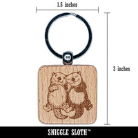 Otter Couple Holding Hands Love Anniversary Valentine's Day Engraved Wood Square Keychain Tag Charm