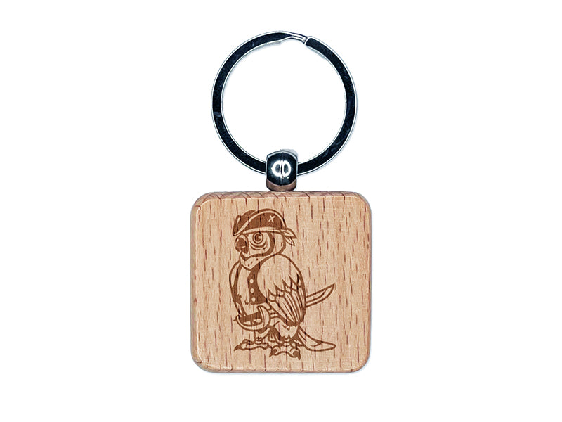 Pirate Parrot with Sword Engraved Wood Square Keychain Tag Charm
