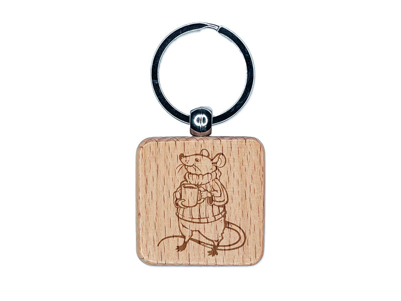Proud Mouse in Sweater with Mug Engraved Wood Square Keychain Tag Charm