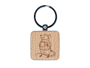 Proud Mouse in Sweater with Mug Engraved Wood Square Keychain Tag Charm