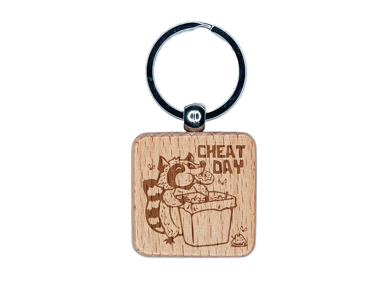 Raccoon Eating Trash Junk Food Cheat Day Diet Engraved Wood Square Keychain Tag Charm