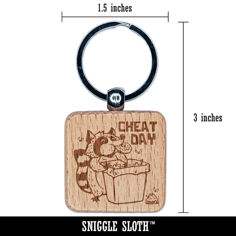 Raccoon Eating Trash Junk Food Cheat Day Diet Engraved Wood Square Keychain Tag Charm