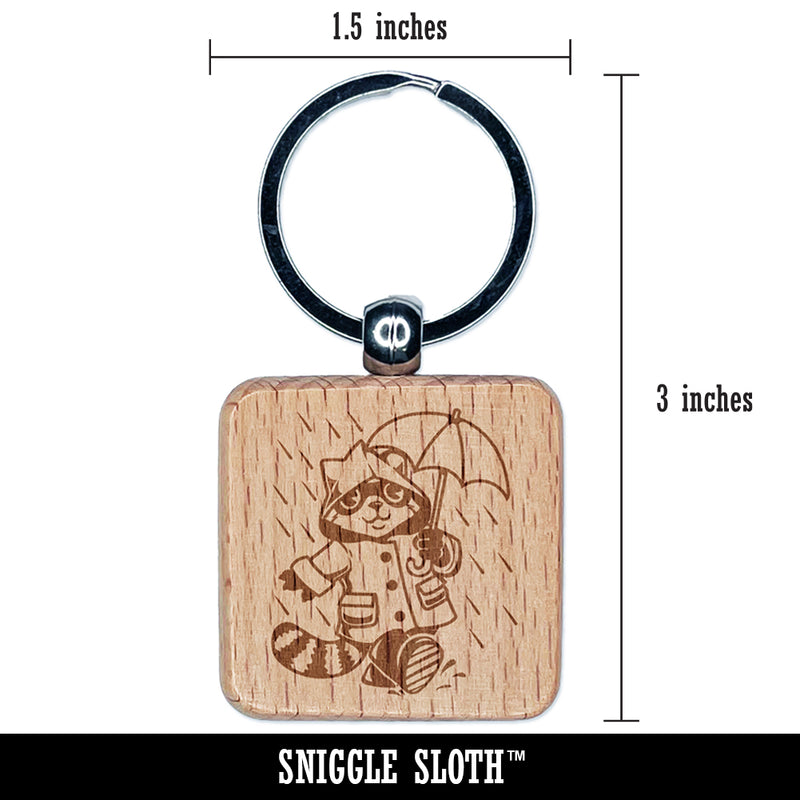 Raccoon in Raincoat Walking in the Rain Engraved Wood Square Keychain Tag Charm