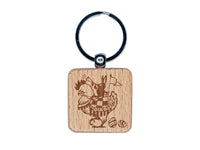 Regal Easter Bunny Mounted on Chicken with Eggs Engraved Wood Square Keychain Tag Charm