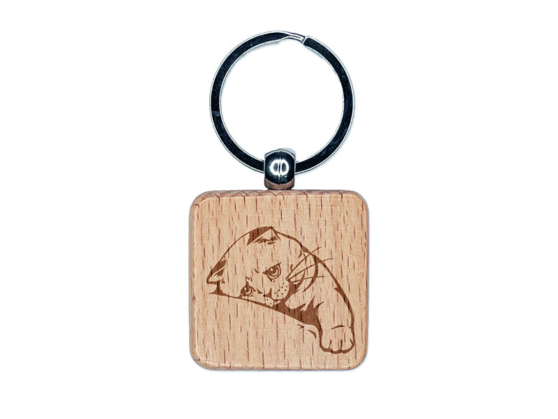 Sad Cat Kitten Looking Longingly Engraved Wood Square Keychain Tag Charm