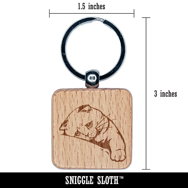 Sad Cat Kitten Looking Longingly Engraved Wood Square Keychain Tag Charm