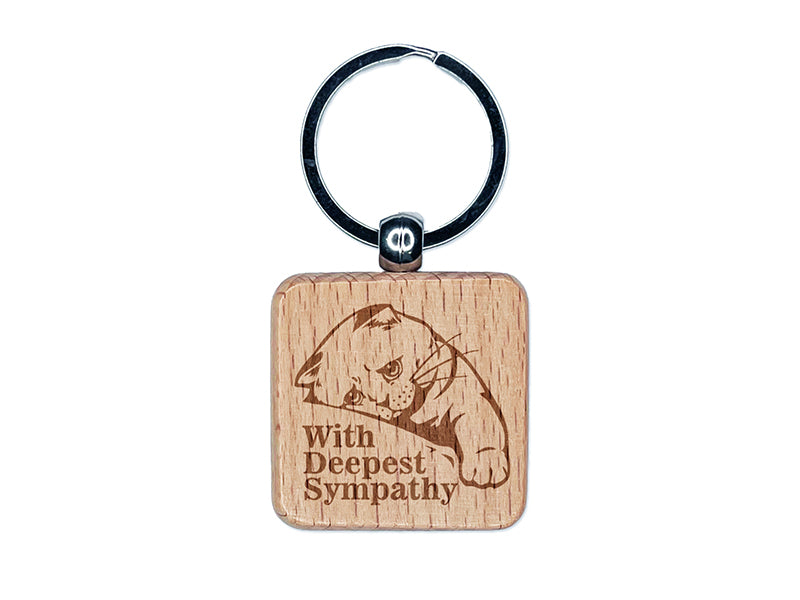 Sad Cat With Deepest Sympathy Engraved Wood Square Keychain Tag Charm