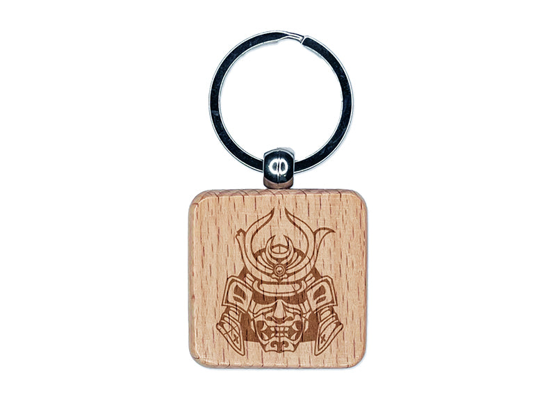 Samurai Warrior Oni Helmet Engraved Wood Square Keychain Tag Charm
