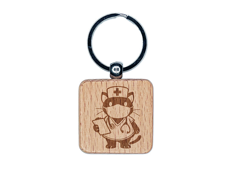 Serious Nurse Doctor Cat with Stethoscope Engraved Wood Square Keychain Tag Charm