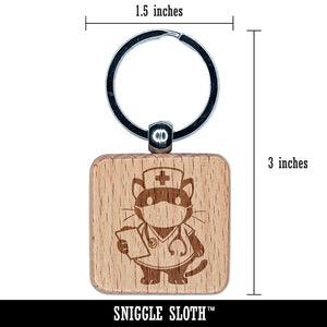 Serious Nurse Doctor Cat with Stethoscope Engraved Wood Square Keychain Tag Charm