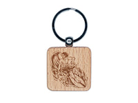 Surfer Man Riding Wave with Surfboard Engraved Wood Square Keychain Tag Charm