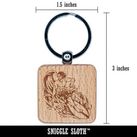 Surfer Man Riding Wave with Surfboard Engraved Wood Square Keychain Tag Charm